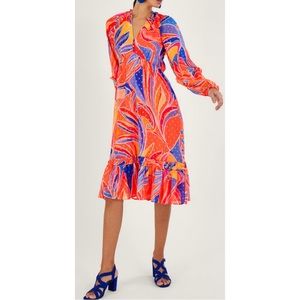 Monsoon Orange Ariel Print Ruffle Knee Length Long Sleeve Dress Size XL NEW